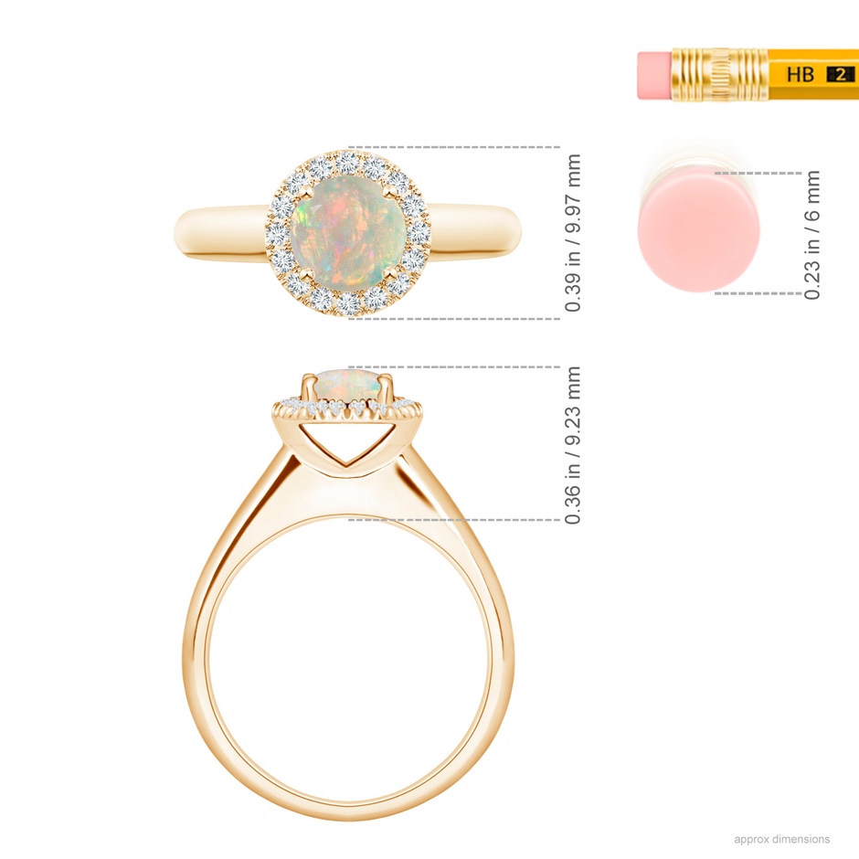 6mm AAAA Classic Round Opal and Diamond Halo Ring in Yellow Gold ruler