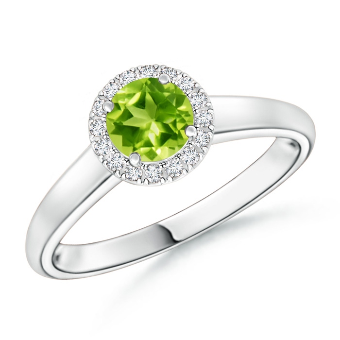 5mm AAA Classic Round Peridot and Diamond Halo Ring in White Gold