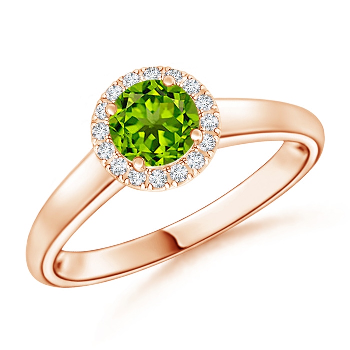 5mm AAAA Classic Round Peridot and Diamond Halo Ring in Rose Gold