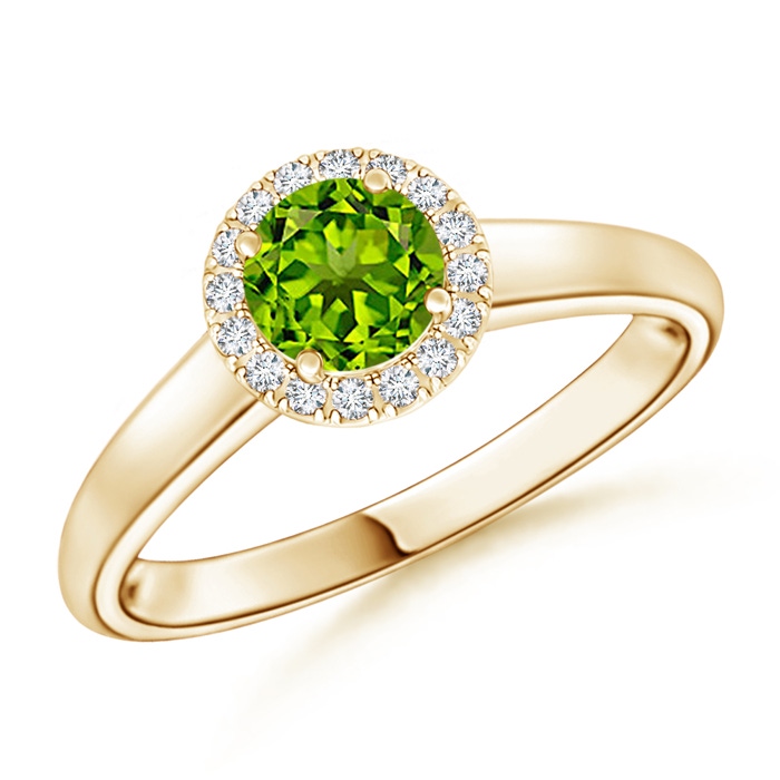 5mm AAAA Classic Round Peridot and Diamond Halo Ring in Yellow Gold