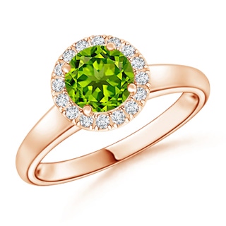 6mm AAAA Classic Round Peridot and Diamond Halo Ring in Rose Gold