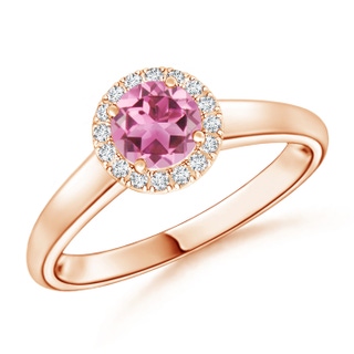 5mm AAA Classic Round Pink Tourmaline and Diamond Halo Ring in Rose Gold