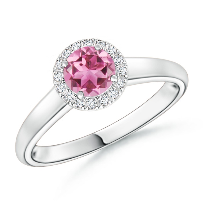 5mm AAA Classic Round Pink Tourmaline and Diamond Halo Ring in White Gold