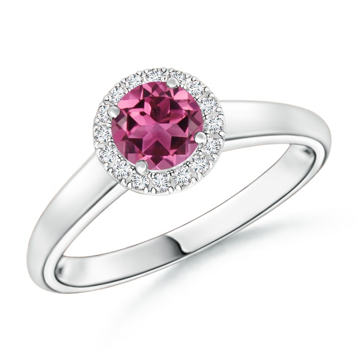 5mm AAAA Classic Round Pink Tourmaline and Diamond Halo Ring in P950 Platinum