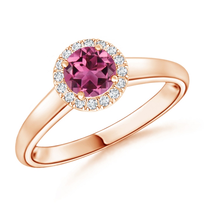 5mm AAAA Classic Round Pink Tourmaline and Diamond Halo Ring in Rose Gold