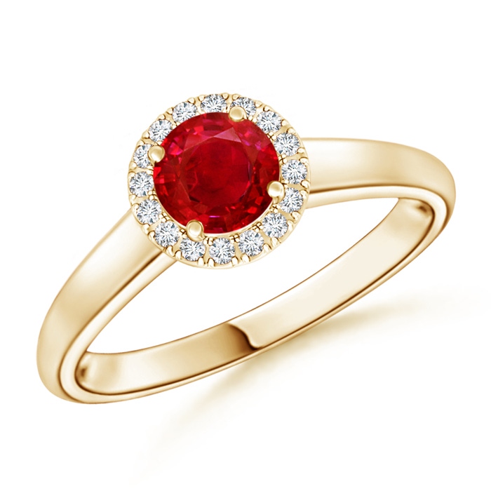 5mm AAA Classic Round Ruby and Diamond Halo Ring in Yellow Gold