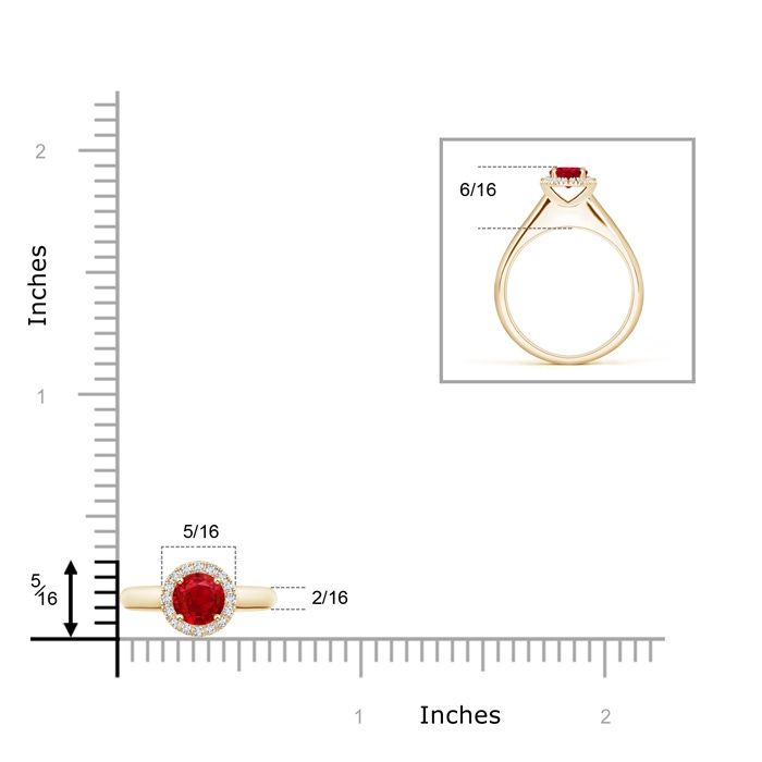 5mm AAA Classic Round Ruby and Diamond Halo Ring in Yellow Gold ruler