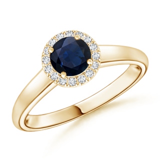 5mm A Classic Round Blue Sapphire and Diamond Halo Ring in Yellow Gold
