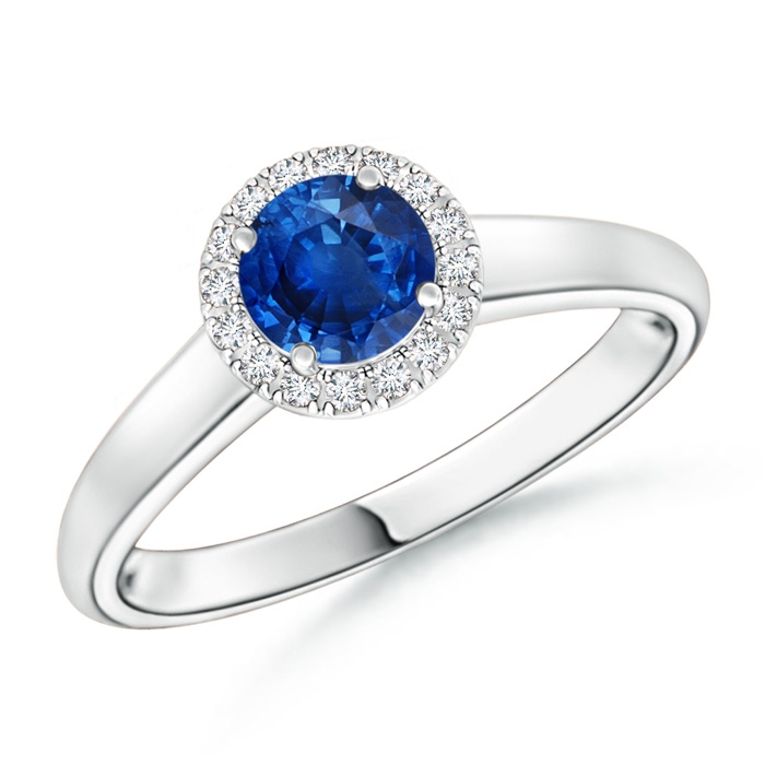 5mm AAA Classic Round Blue Sapphire and Diamond Halo Ring in White Gold 