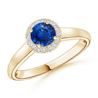 5mm AAA Classic Round Blue Sapphire and Diamond Halo Ring in Yellow Gold