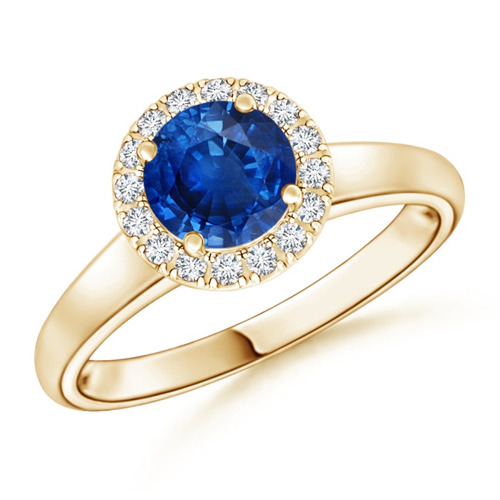 6mm AAA Classic Round Blue Sapphire and Diamond Halo Ring in Yellow Gold 