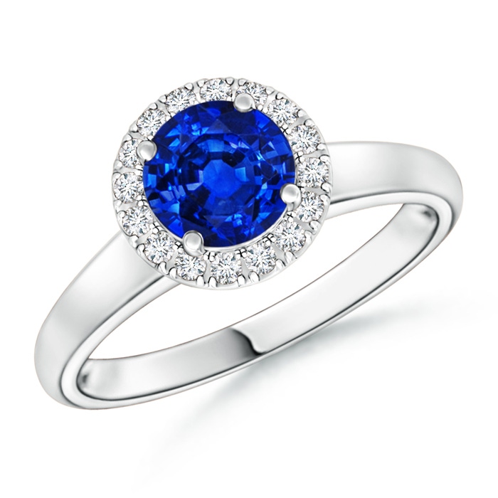 6mm AAAA Classic Round Blue Sapphire and Diamond Halo Ring in White Gold