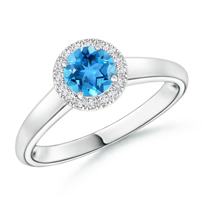 5mm AAA Classic Round Swiss Blue Topaz and Diamond Halo Ring in White Gold