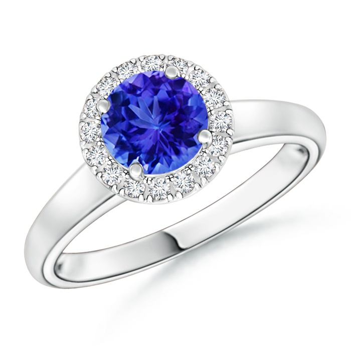 6mm AAA Classic Round Tanzanite and Diamond Halo Ring in White Gold 