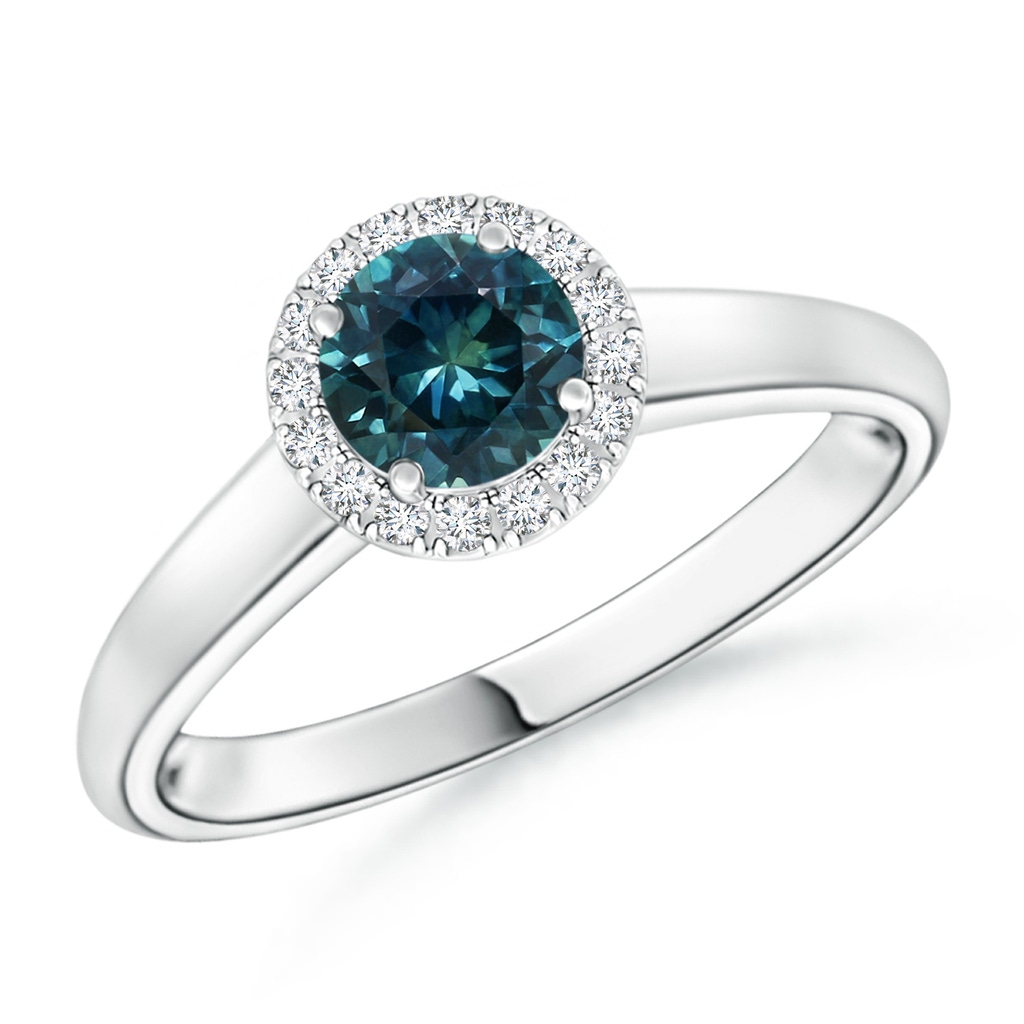 5mm AAA Classic Round Teal Montana Sapphire and Diamond Halo Ring in P950 Platinum