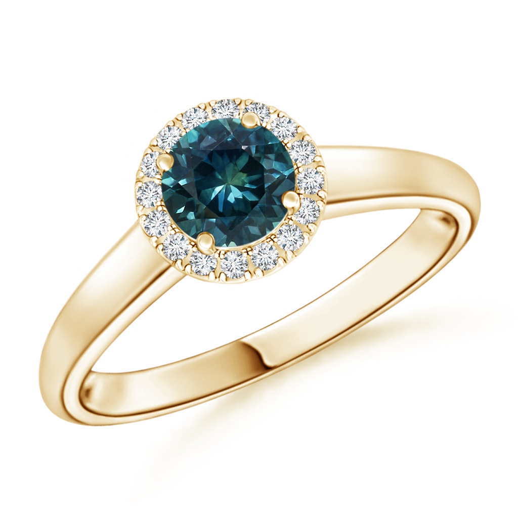 5mm AAA Classic Round Teal Montana Sapphire and Diamond Halo Ring in Yellow Gold