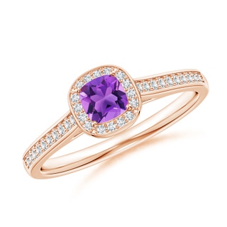 4mm AAA Classic Cushion Amethyst Ring with Diamond Halo in Rose Gold