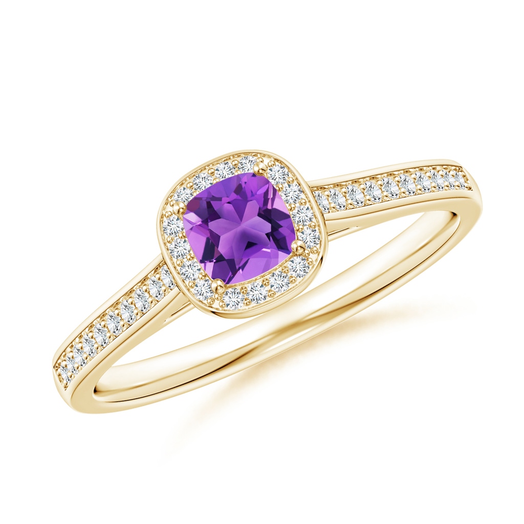 4mm AAA Classic Cushion Amethyst Ring with Diamond Halo in Yellow Gold