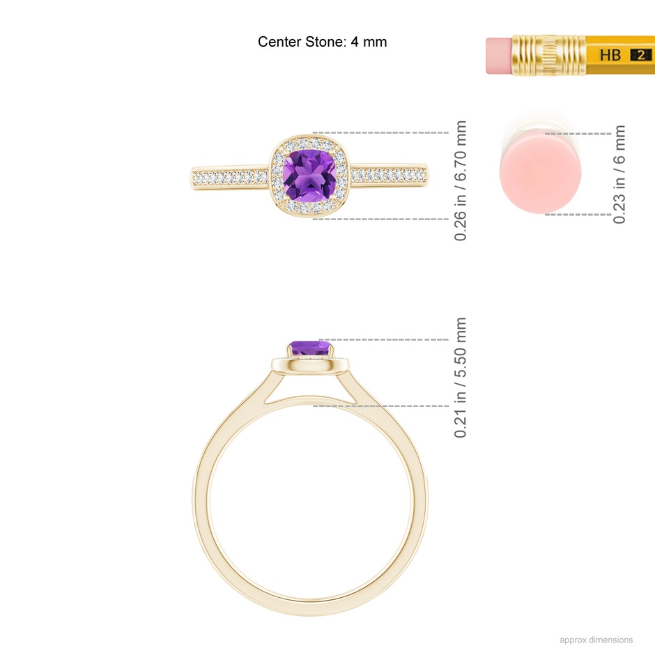 4mm AAA Classic Cushion Amethyst Ring with Diamond Halo in Yellow Gold ruler