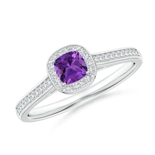 4mm AAAA Classic Cushion Amethyst Ring with Diamond Halo in White Gold