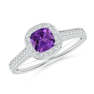 5mm AAAA Classic Cushion Amethyst Ring with Diamond Halo in White Gold