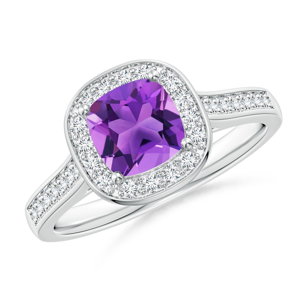 6mm AAA Classic Cushion Amethyst Ring with Diamond Halo in White Gold