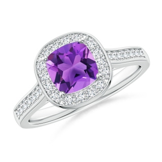 6mm AAA Classic Cushion Amethyst Ring with Diamond Halo in White Gold