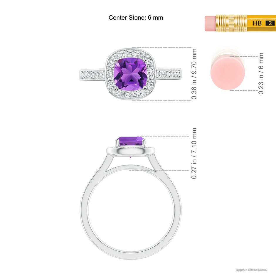 6mm AAA Classic Cushion Amethyst Ring with Diamond Halo in White Gold ruler