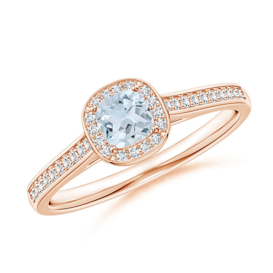 4mm A Classic Cushion Aquamarine Ring with Diamond Halo in Rose Gold 