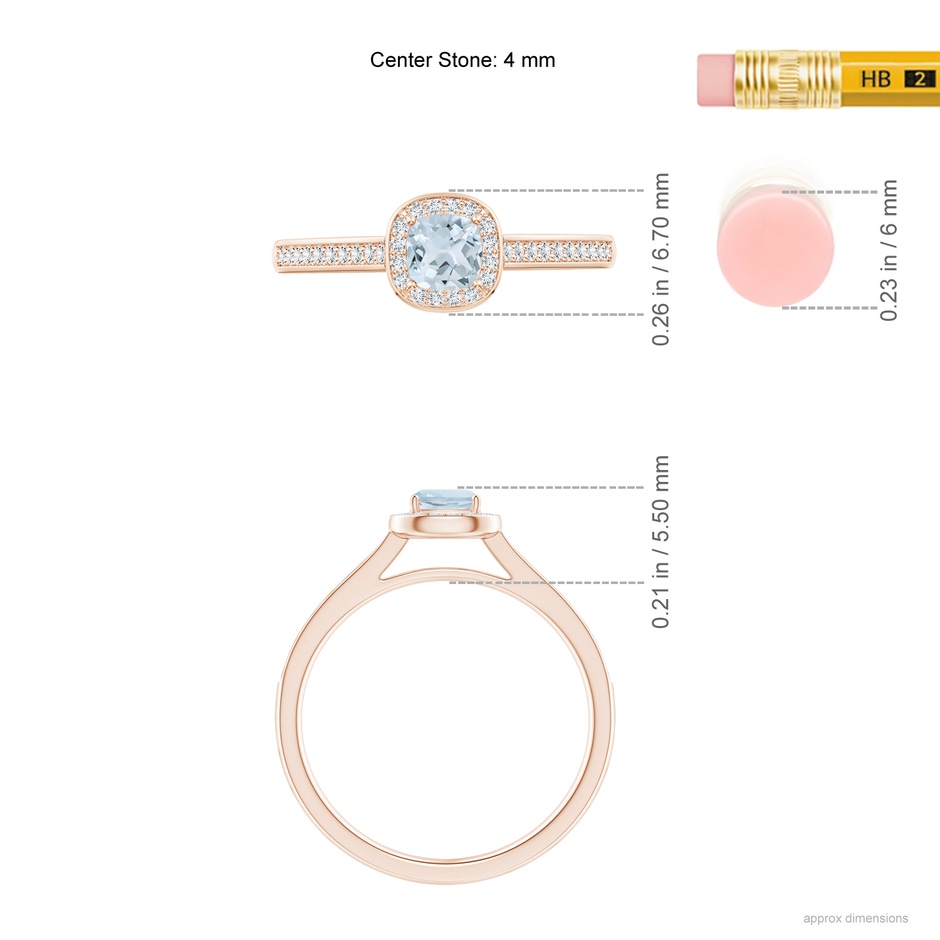 4mm A Classic Cushion Aquamarine Ring with Diamond Halo in Rose Gold ruler