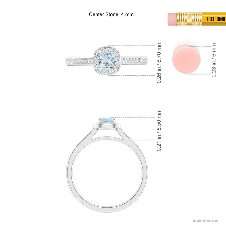 4mm A Classic Cushion Aquamarine Ring with Diamond Halo in White Gold ruler