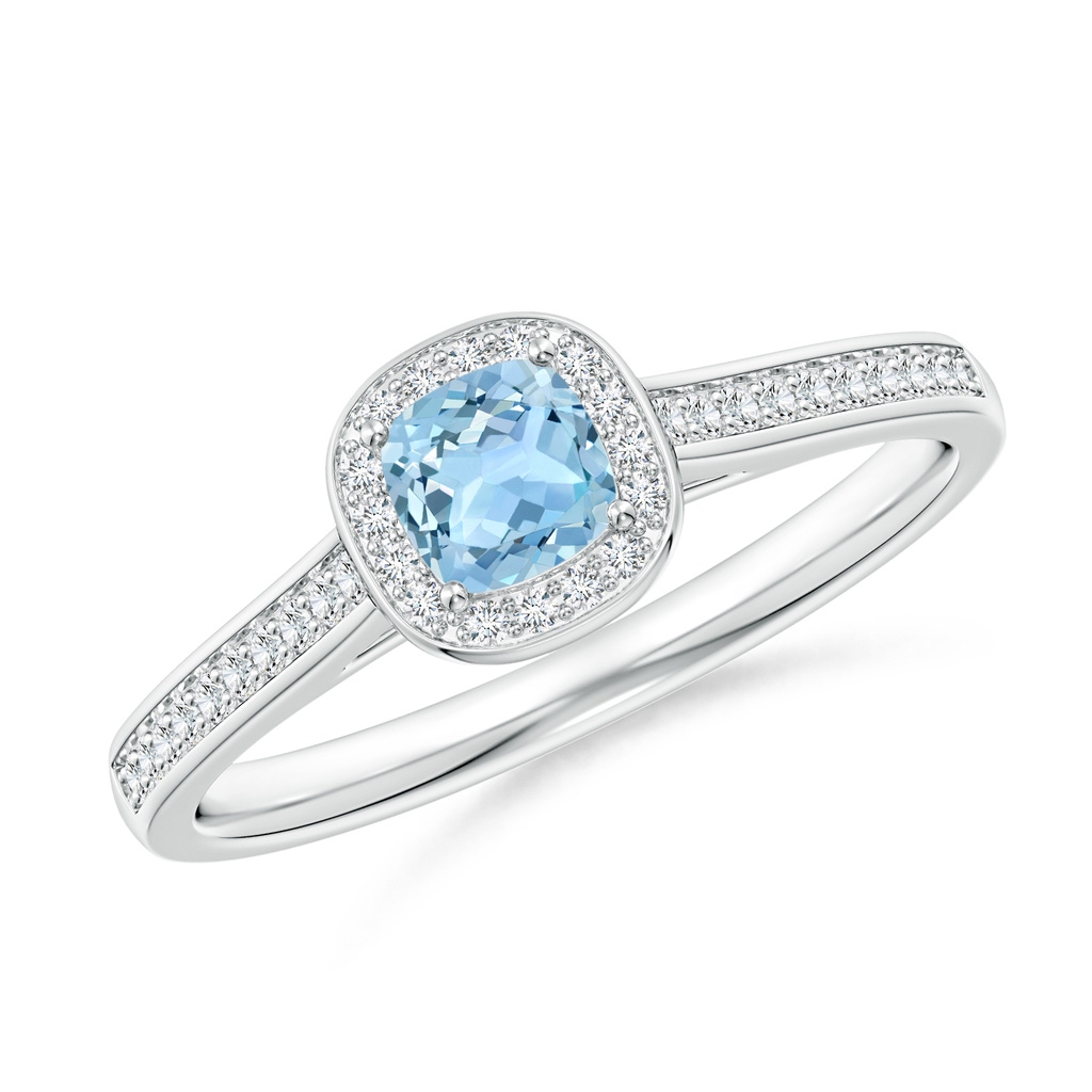4mm AAA Classic Cushion Aquamarine Ring with Diamond Halo in White Gold