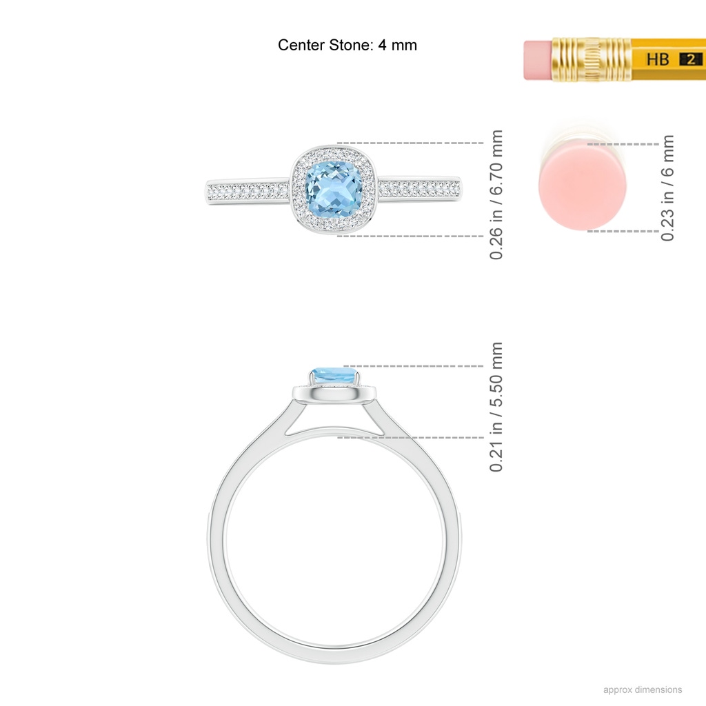 4mm AAA Classic Cushion Aquamarine Ring with Diamond Halo in White Gold Ruler