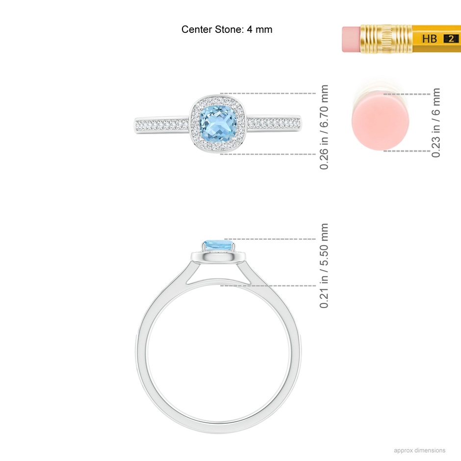 4mm AAA Classic Cushion Aquamarine Ring with Diamond Halo in White Gold ruler