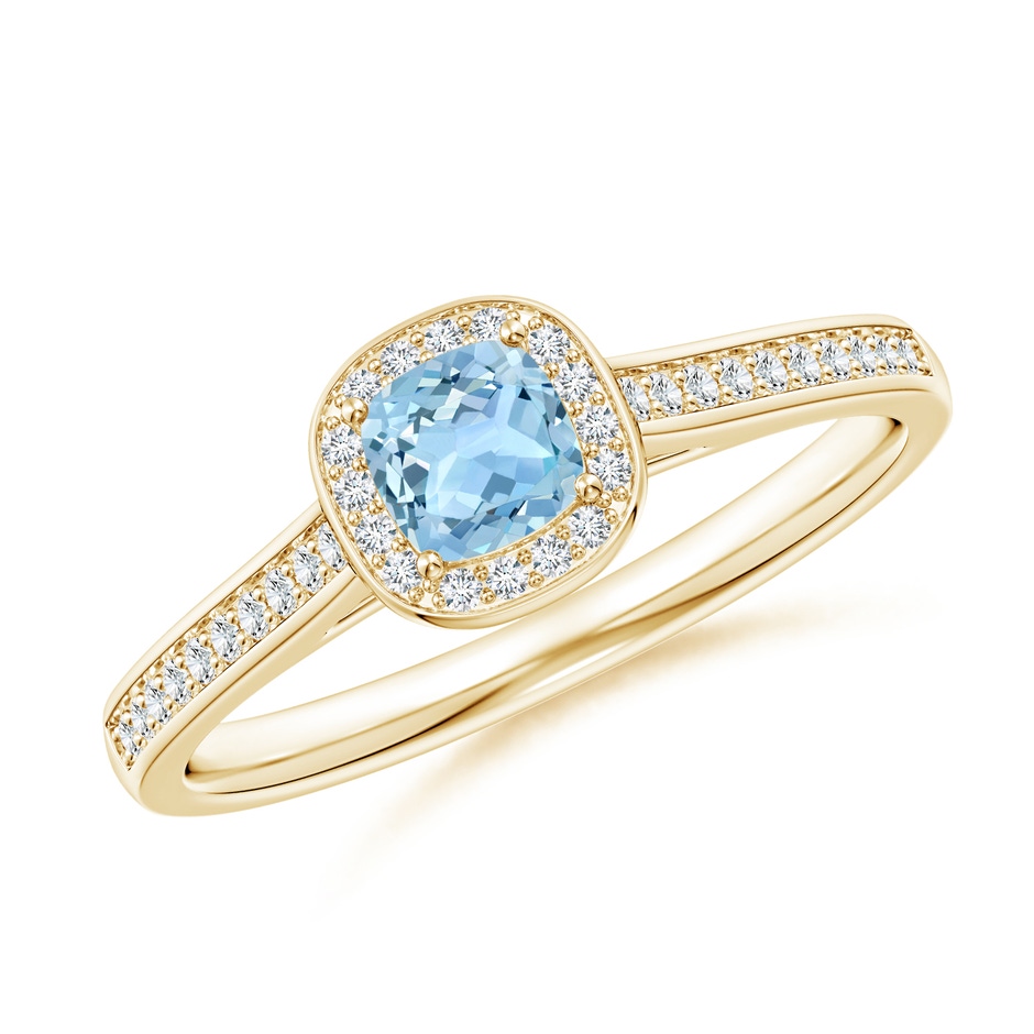 4mm AAA Classic Cushion Aquamarine Ring with Diamond Halo in Yellow Gold 