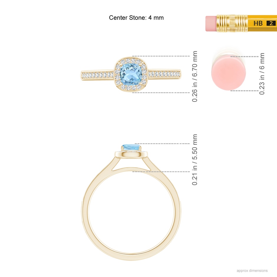 4mm AAA Classic Cushion Aquamarine Ring with Diamond Halo in Yellow Gold ruler
