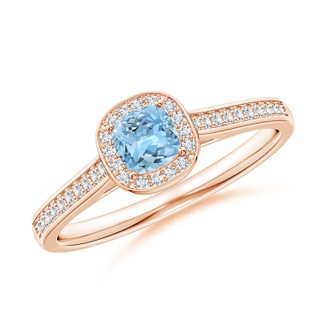 4mm AAAA Classic Cushion Aquamarine Ring with Diamond Halo in Rose Gold