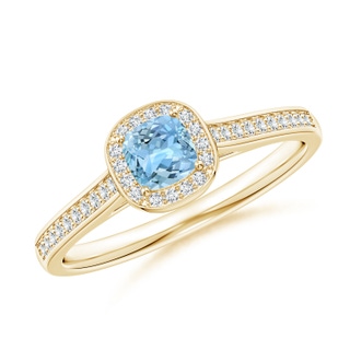 4mm AAAA Classic Cushion Aquamarine Ring with Diamond Halo in Yellow Gold