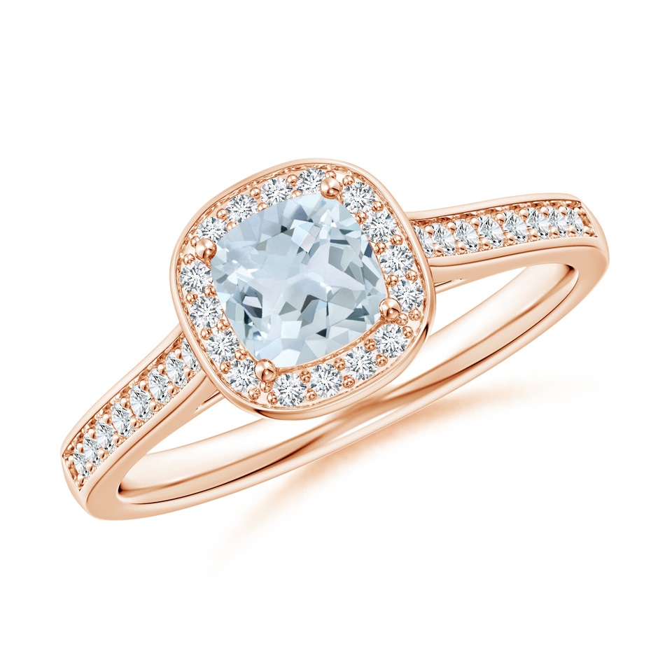 5mm A Classic Cushion Aquamarine Ring with Diamond Halo in Rose Gold 