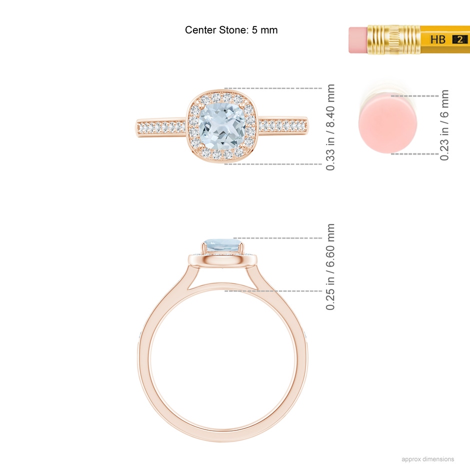5mm A Classic Cushion Aquamarine Ring with Diamond Halo in Rose Gold ruler