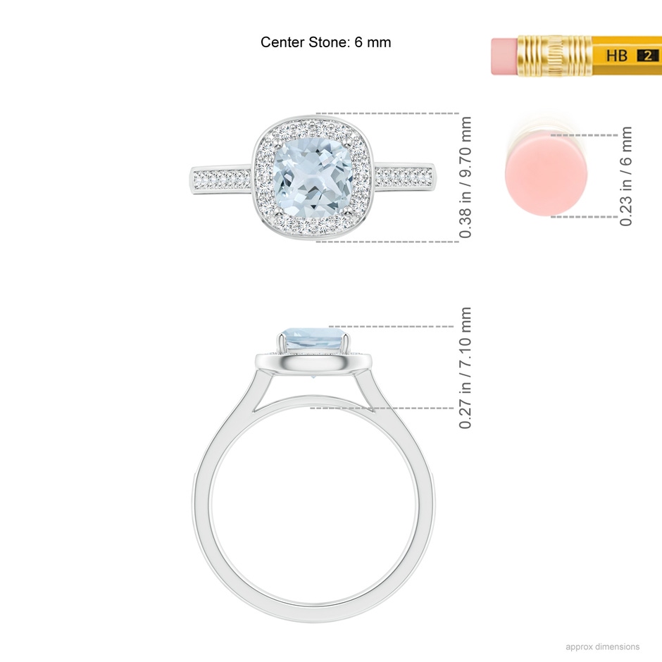 6mm A Classic Cushion Aquamarine Ring with Diamond Halo in White Gold ruler