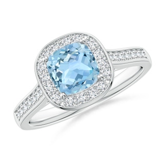 6mm AAA Classic Cushion Aquamarine Ring with Diamond Halo in White Gold