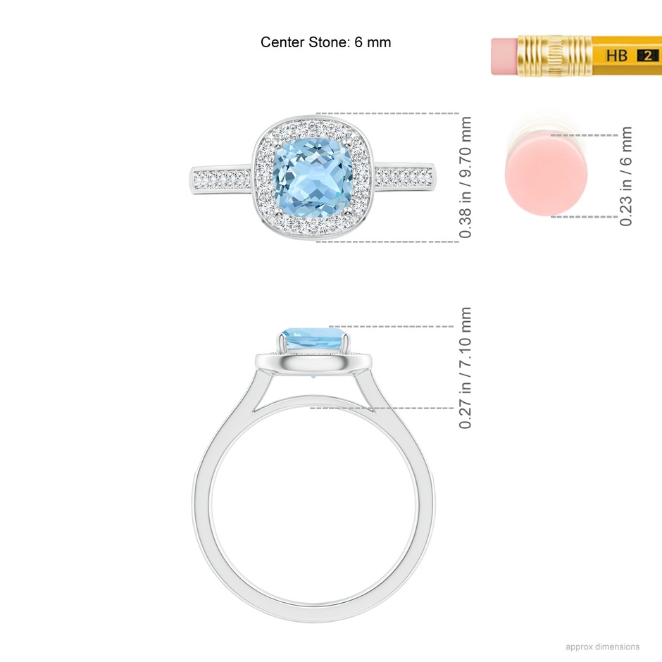 6mm AAA Classic Cushion Aquamarine Ring with Diamond Halo in White Gold ruler