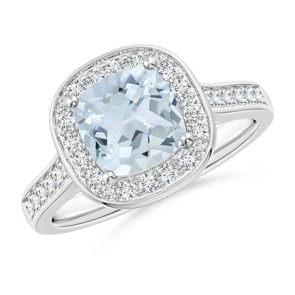 7mm A Classic Cushion Aquamarine Ring with Diamond Halo in P950 Platinum