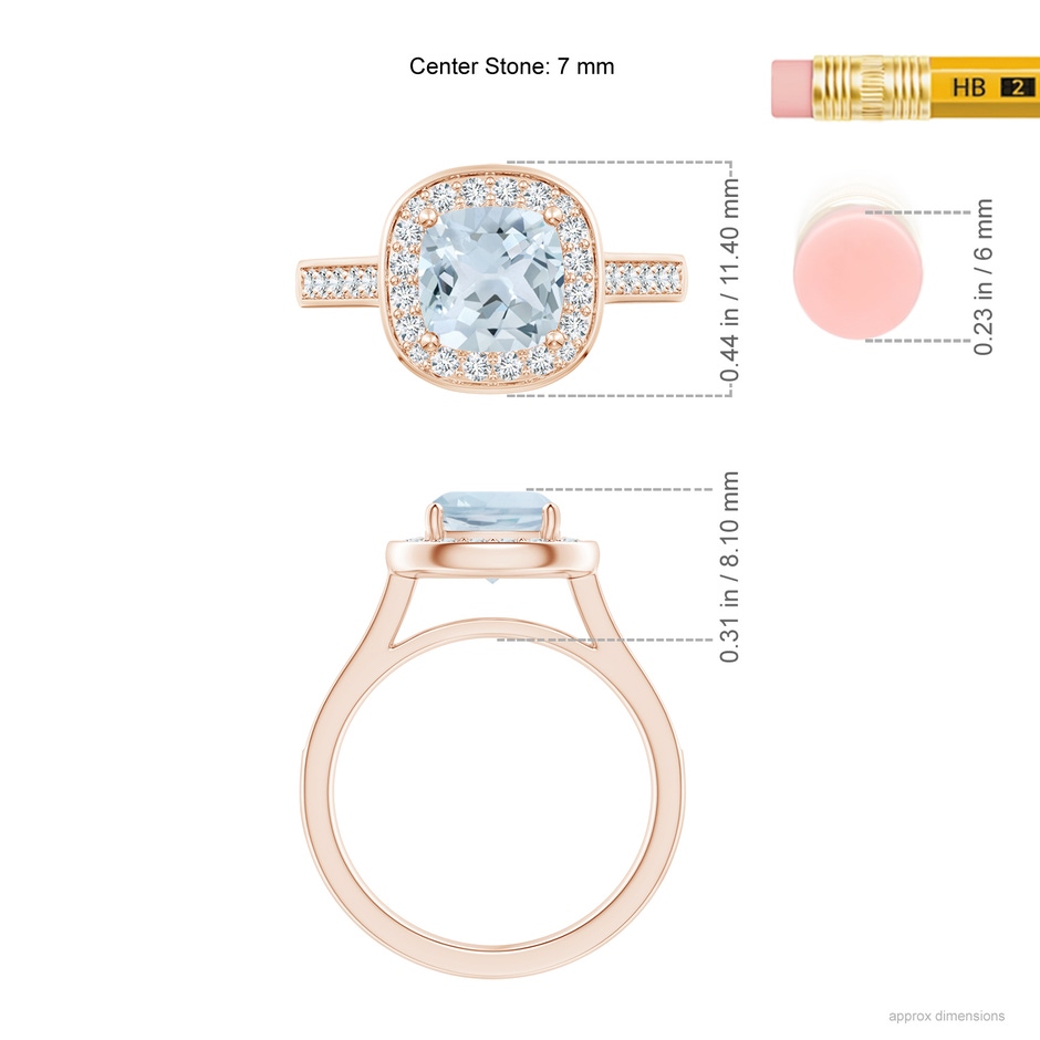 7mm A Classic Cushion Aquamarine Ring with Diamond Halo in Rose Gold ruler