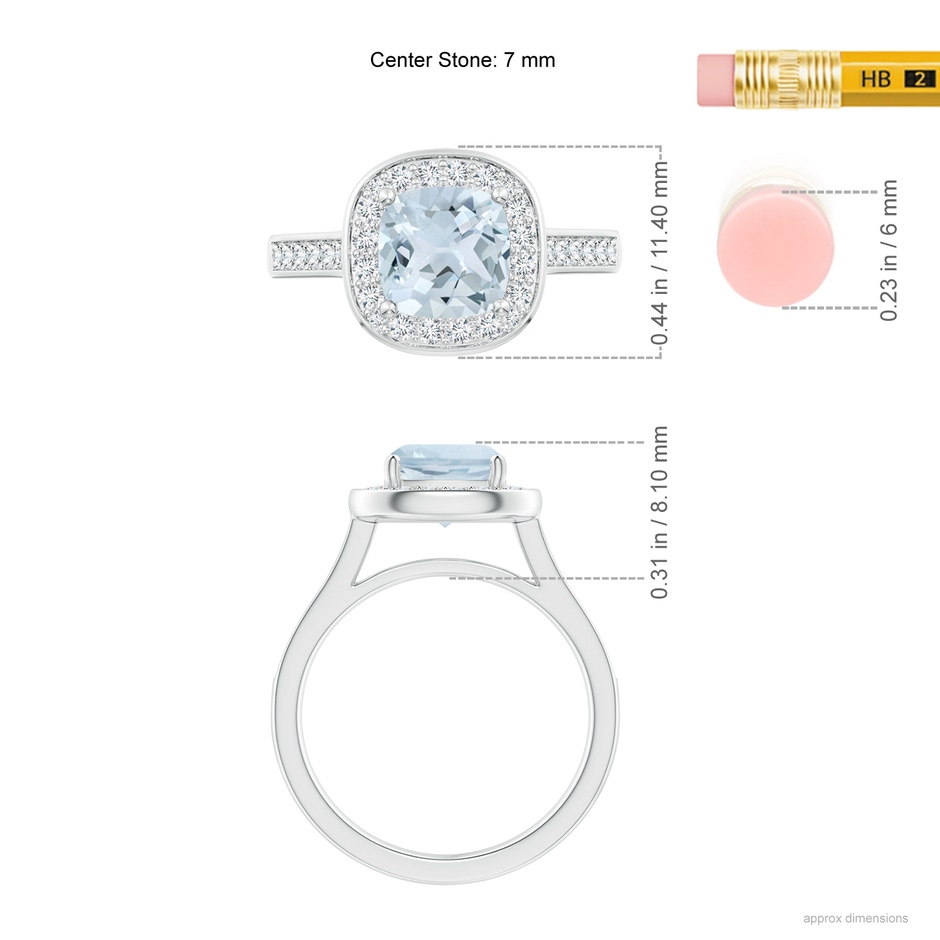 7mm A Classic Cushion Aquamarine Ring with Diamond Halo in White Gold ruler