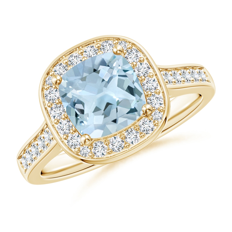 7mm AA Classic Cushion Aquamarine Ring with Diamond Halo in Yellow Gold 