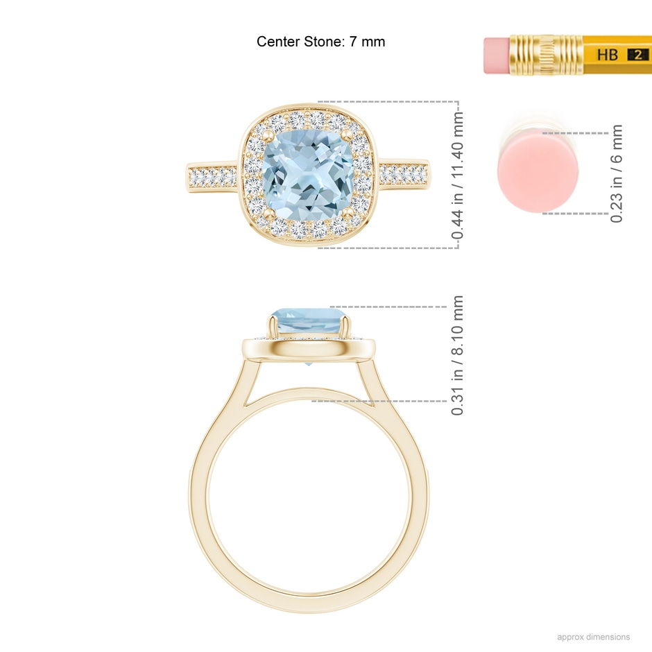 7mm AA Classic Cushion Aquamarine Ring with Diamond Halo in Yellow Gold ruler