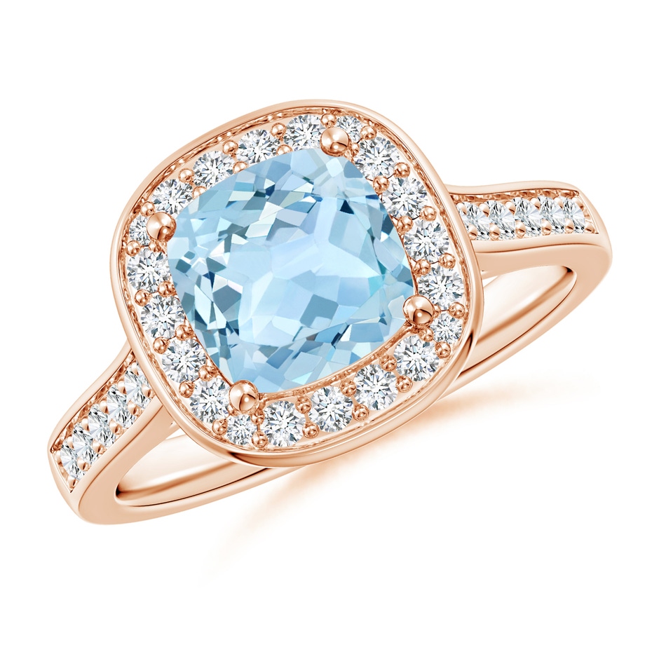 7mm AAA Classic Cushion Aquamarine Ring with Diamond Halo in Rose Gold 