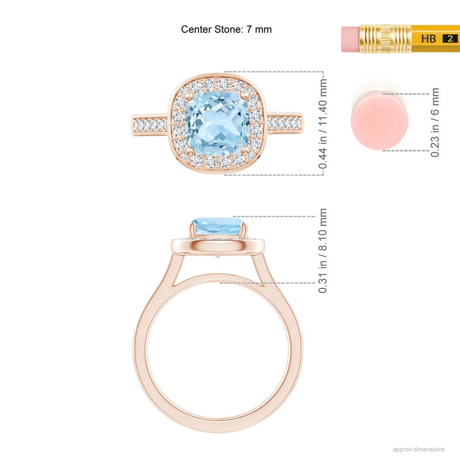 7mm AAA Classic Cushion Aquamarine Ring with Diamond Halo in Rose Gold ruler